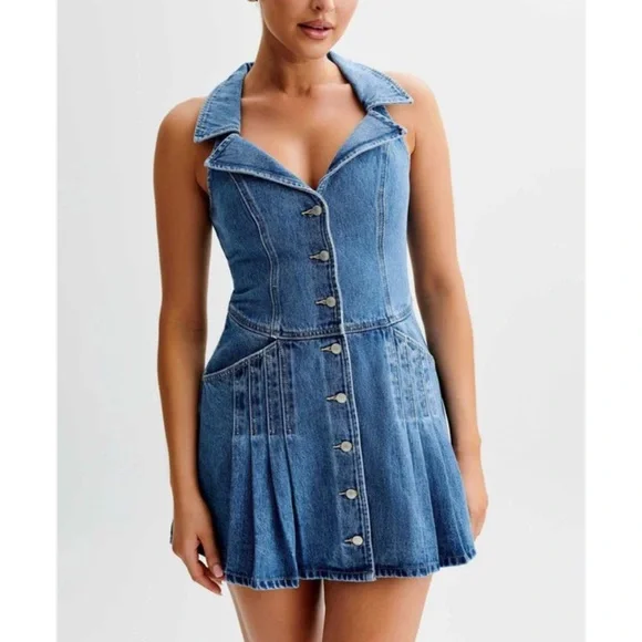 meshki denim dress White Lace-Up Corset Mini Dress – Effortlessly Elegant